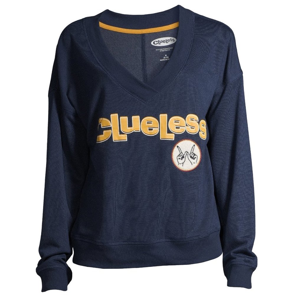Womens CLUELESS Movie V-Neck Sleep Pajama Top Sweatshirt Size M L XL Navy NWT